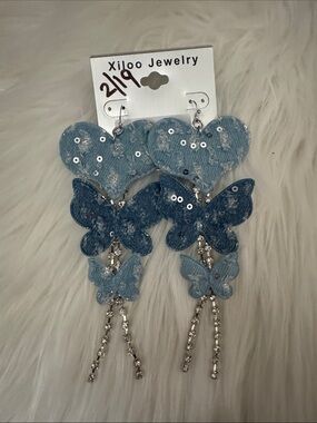 Xiloo Jewelry Denim Butterfly Drop Earrings with Rhinestone Strands